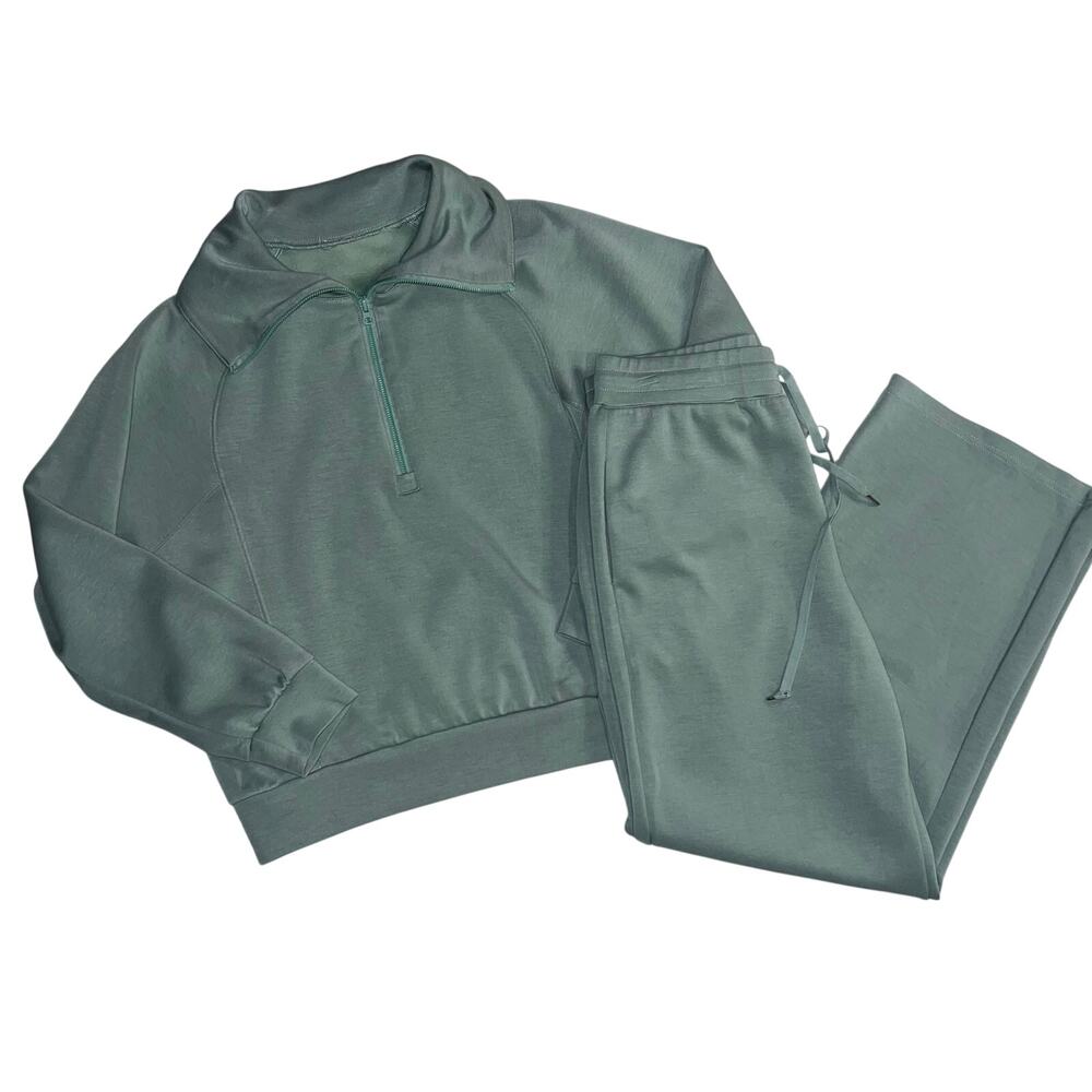 Green Two Piece Set Sweat Suit Pant Quarter Zip along Sleeve Hoodie Size Medium
